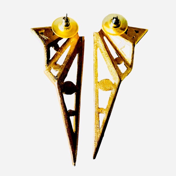 Vintage MCM Costume Gold Tone & Black Triangle Geometric Shape Post Earrings - Picture 2 of 11